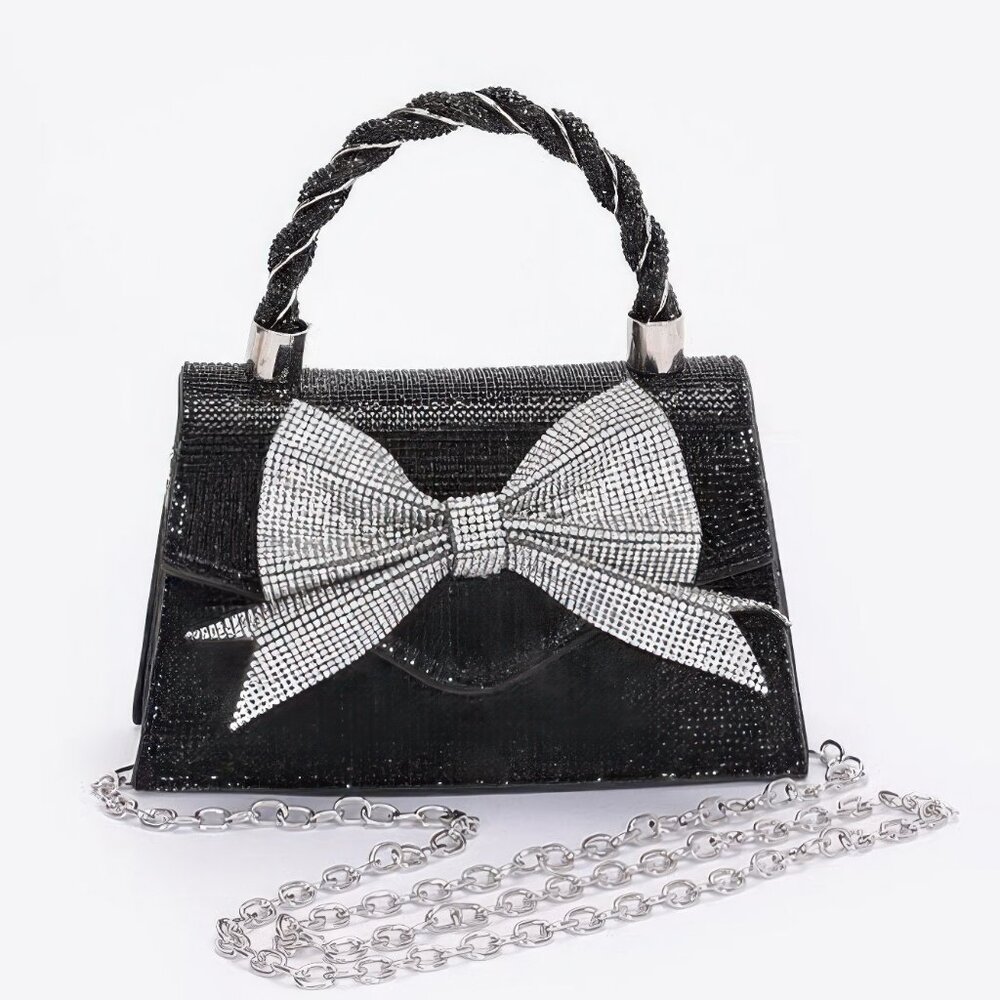 Rhinestone Ribbon Top Handle Flap Bag